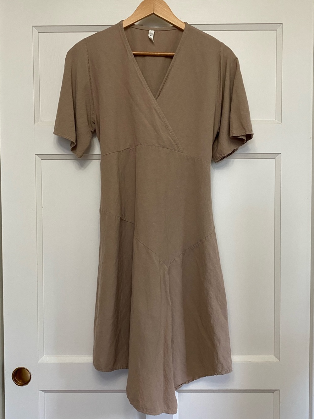 PLAN Korea Asymmetric Linen Blend Paneled V-Neck Mock Wrap Dress | Minimalist